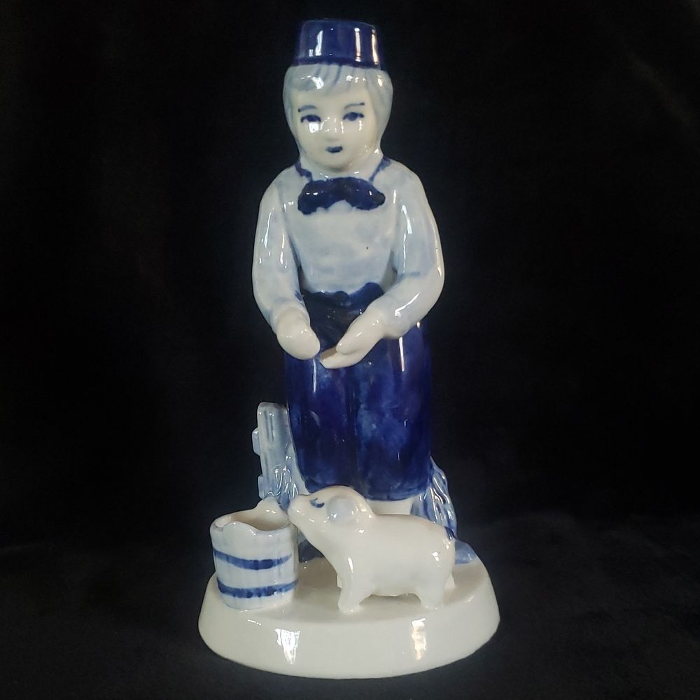 Vintage Handpainted Delft Blue Dutch Boy with Pig Porcelain Figurine